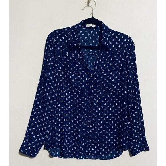 Express Top Womens Medium Navy Blue Anchor Print Portofino Shirt Flowy Boho - Picture 2 of 8